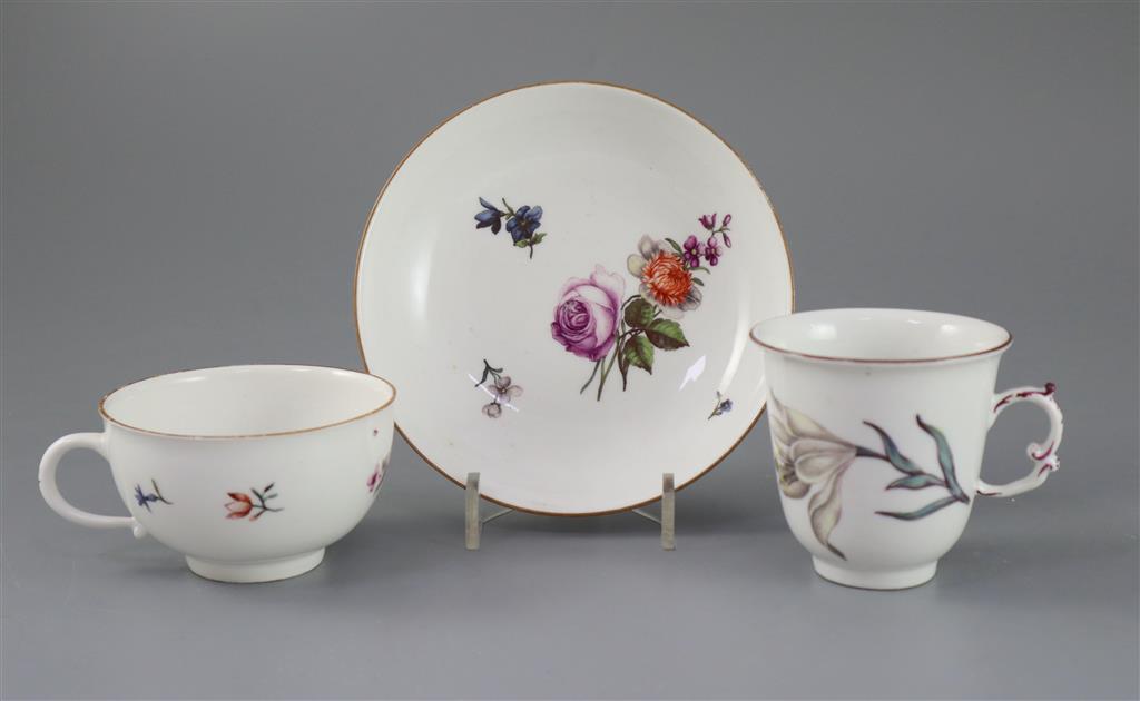 A Meissen botanical chocolate cup and a similar coffee cup and saucer, c.1740-50